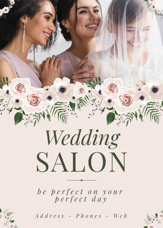 Wedding Salon Ad with Young Bride in Veil with Bridesmaids Flayer Design Template
