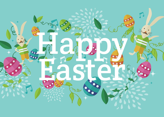 Plantilla de diseño de Happy Easter Greeting with Bunnies and Eggs Postcard 