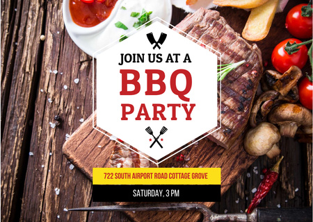 Designvorlage BBQ Party Invitation with Grilled Steak für Postcard