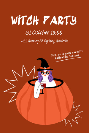 Halloween Party Announcement with Cute Girl in Witch Costume Invitation 6x9in Design Template