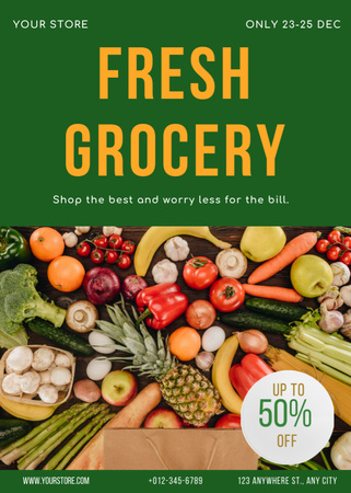 Lots Of Veggies And Fruits In Supermarket Sale Offer Flayer Design Template