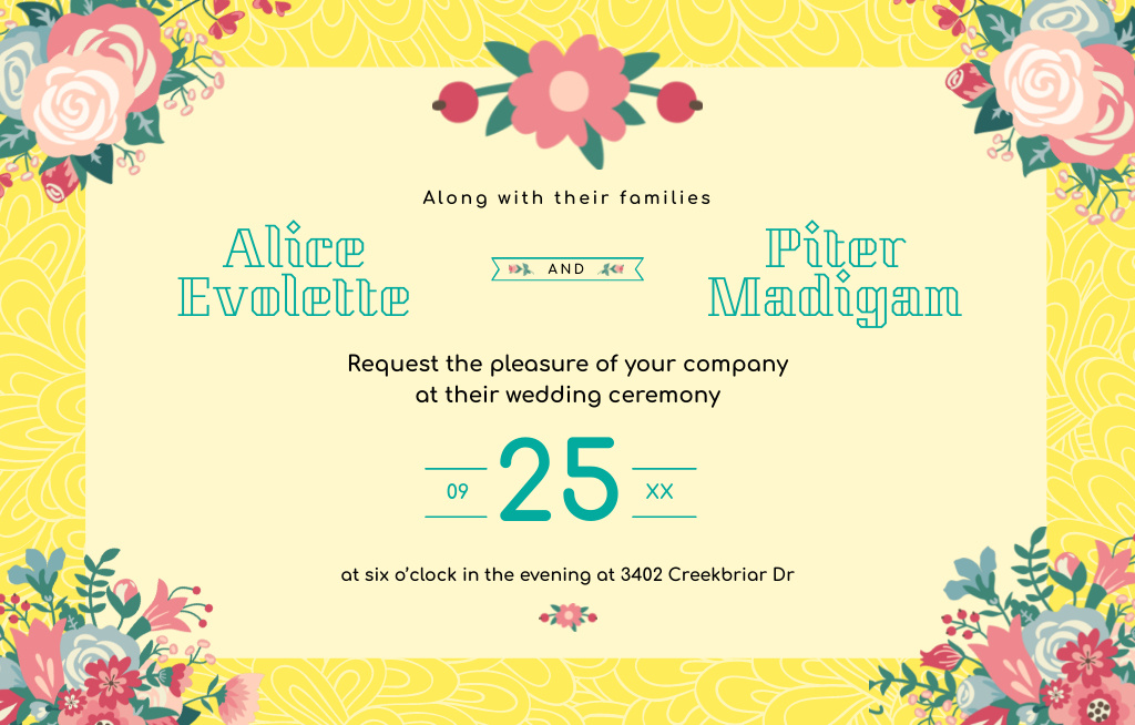 Wedding Announcement With Bright Illustrated Flowers Invitation 4.6x7.2in Horizontalデザインテンプレート