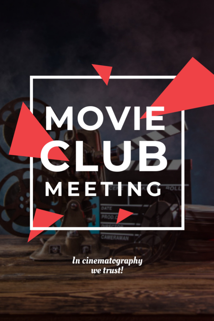 Designvorlage Movie Lover's Club Meeting with Projector and Red Triangles für Postcard 4x6in Vertical