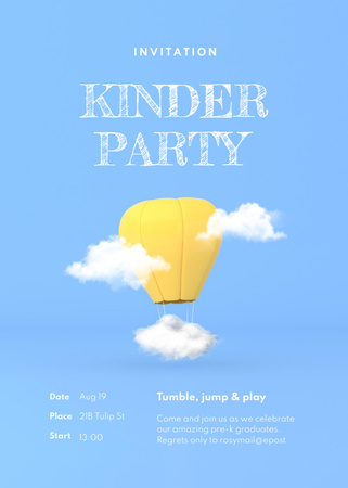 Kid's Party Announcement with Air Balloon in Clouds Invitation Design Template