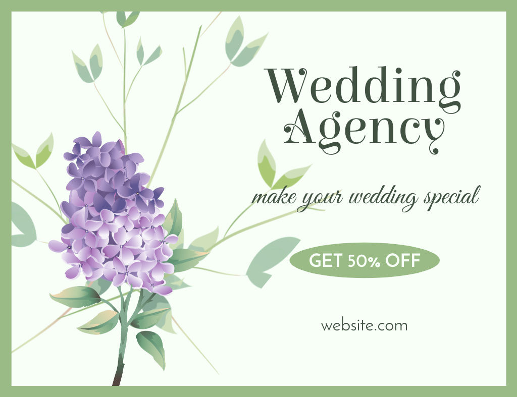 Wedding Planning Services Offer with Flowers of Lilac Thank You Card 5.5x4in Horizontal Design Template