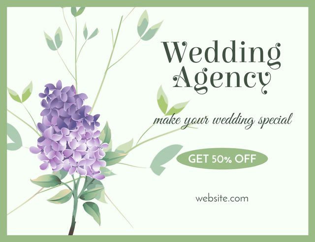 Wedding Planning Services Offer with Flowers of Lilac Thank You Card 5.5x4in Horizontal Design Template