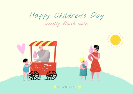 Children's Day Sale with Cute Family Illustration Card Modelo de Design