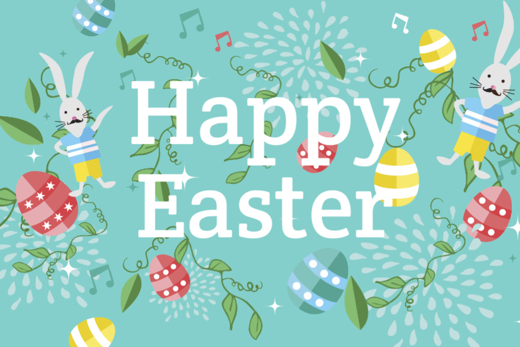 Plantilla de diseño de Beautiful Easter Greeting With Bunnies And Eggs Postcard 4x6in 