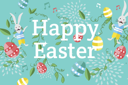 Template di design Beautiful Easter Greeting With Bunnies And Eggs Postcard 4x6in