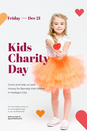 Kids Charity Day with Girl holding Heart Candy Pinterest Design Template