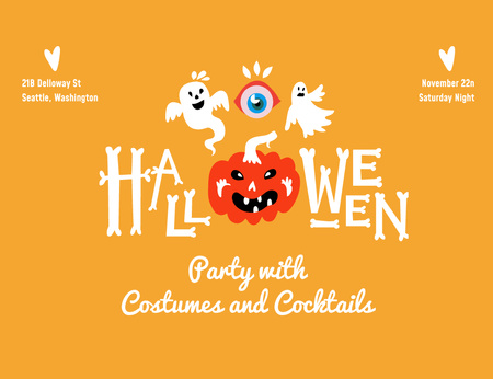 Szablon projektu Halloween Party Announcement with Pumpkin and Ghosts Invitation 13.9x10.7cm Horizontal