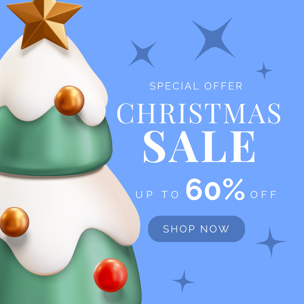 Template di design Christmas Sale Offer with 3d Fir-Tree Blue Instagram AD