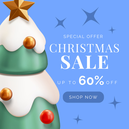 Christmas Sale Offer with 3d Fir-Tree Blue Instagram AD Design Template