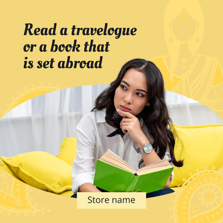 Woman Reading Travel Book at Home Instagram Design Template