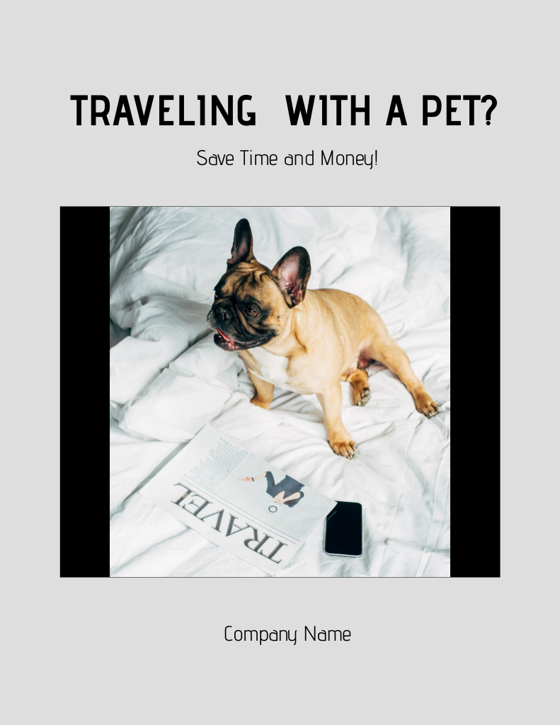 Ontwerpsjabloon van Flyer 8.5x11in van Pet Travel Guide Ad with Bulldog on Bed
