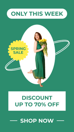 Plantilla de diseño de Spring Sale with Young Woman with Tulips in Green Dress Instagram Story 
