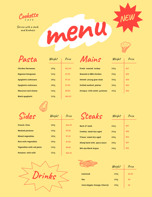 Food Menu Announcement on Yellow Menu 8.5x11in – шаблон для дизайна