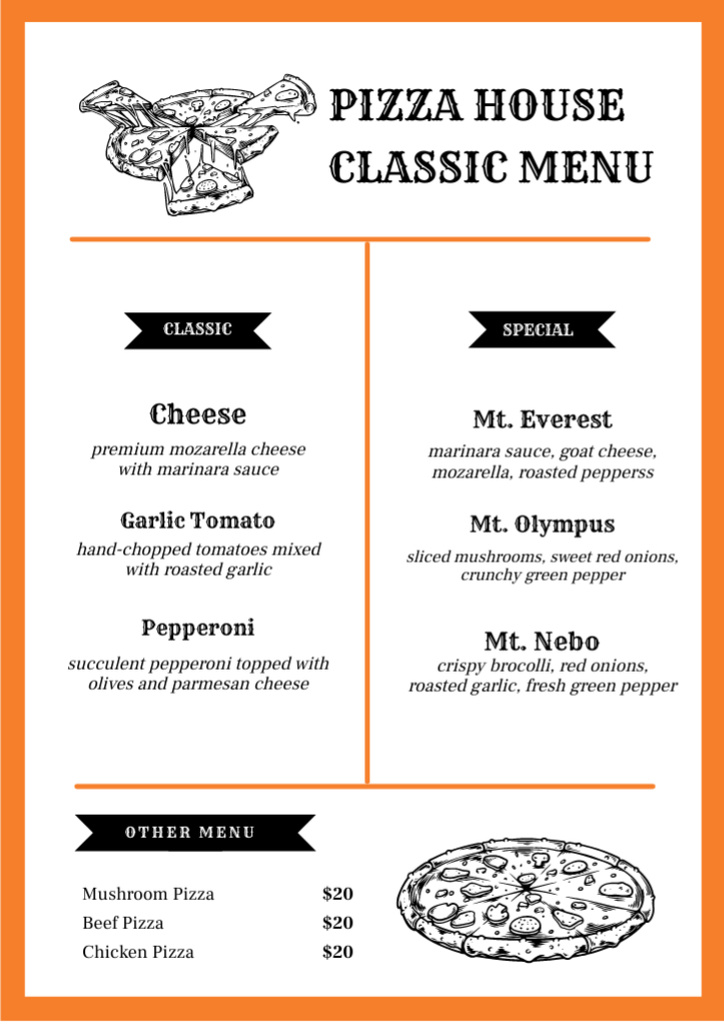 Classic Toppings And Pizza In Pizzeria Offer Menu Design Template