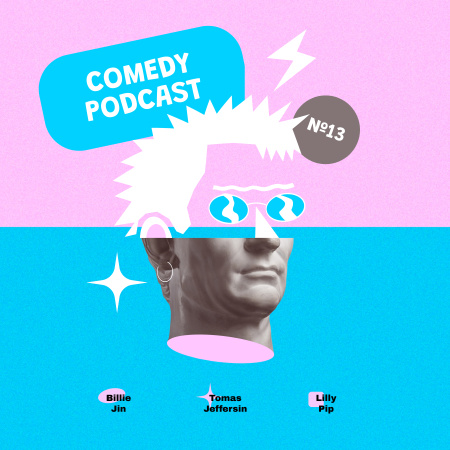 Plantilla de diseño de Impresionante anuncio de podcast de comedia con estatua divertida Podcast Cover 