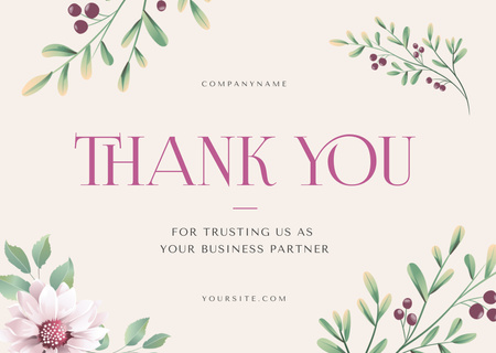 Thank You Phrase with Flower and Leaves Card Design Template