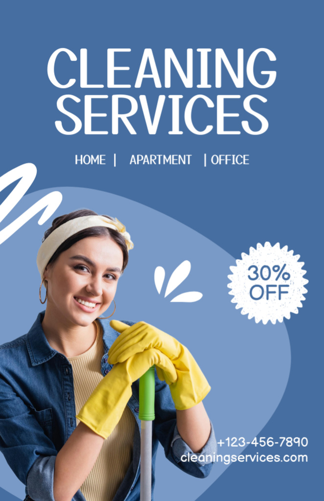 Thorough Cleaning Services Ad with Woman in Yellow Gloves Flyer 5.5x8.5in tervezősablon