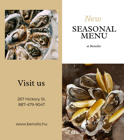New Seasonal Menu with Seafood with Oysters Brochure 9x8in Bi-fold Design Template