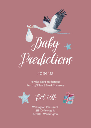 Baby Shower Announcement with Stork carrying Baby Invitation Design Template