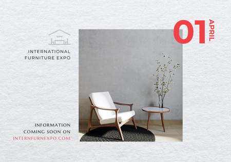 Modèle de visuel Invitation à l'exposition de meubles avec fauteuil dans un intérieur moderne - Flyer A5 Horizontal