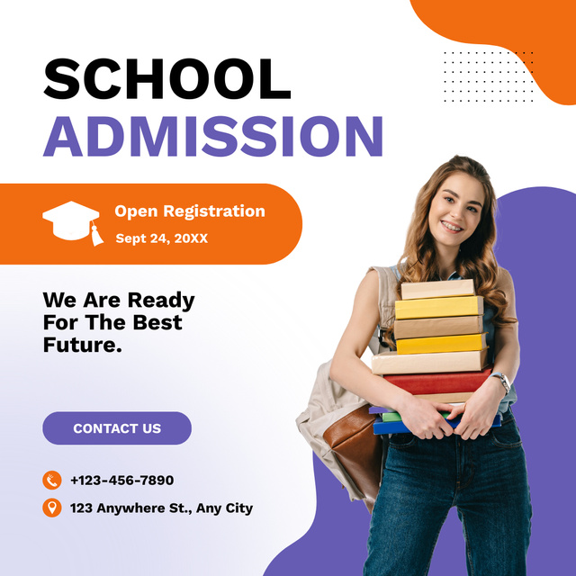 School Admission Announcement with Schoolgirl and Books Instagram Πρότυπο σχεδίασης