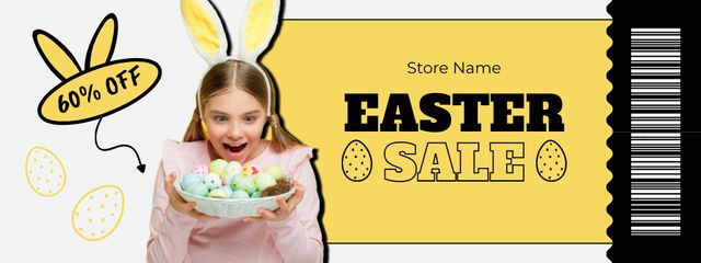 Easter Sale Announcement with Girl Holding Plate of Dyed Eggs Coupon Design Template