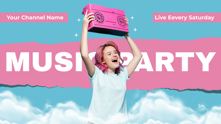 Musiikkibileet nuoren naisen kanssa vaaleanpunaisen kasettinauhurin kanssa Youtube Design Template