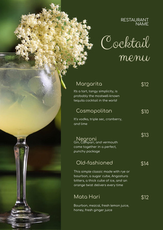 Cocktails List on Green Menu Design Template