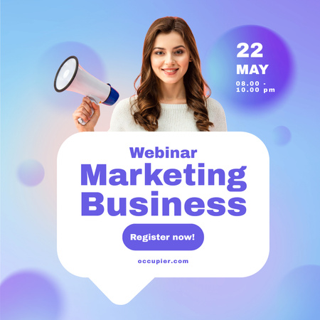 Business Webinar Invitation with Young Woman with Loudspeaker Instagram Design Template