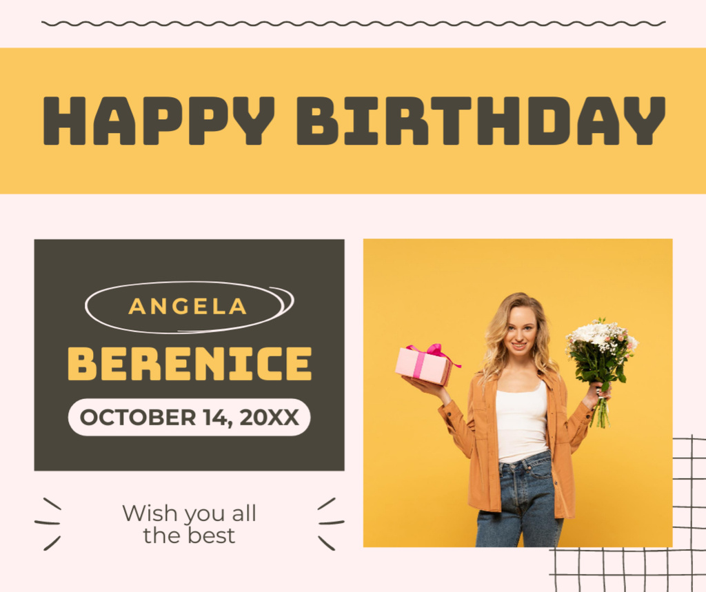 Happy Birthday Woman with Flowers and Gift Facebook Design Template