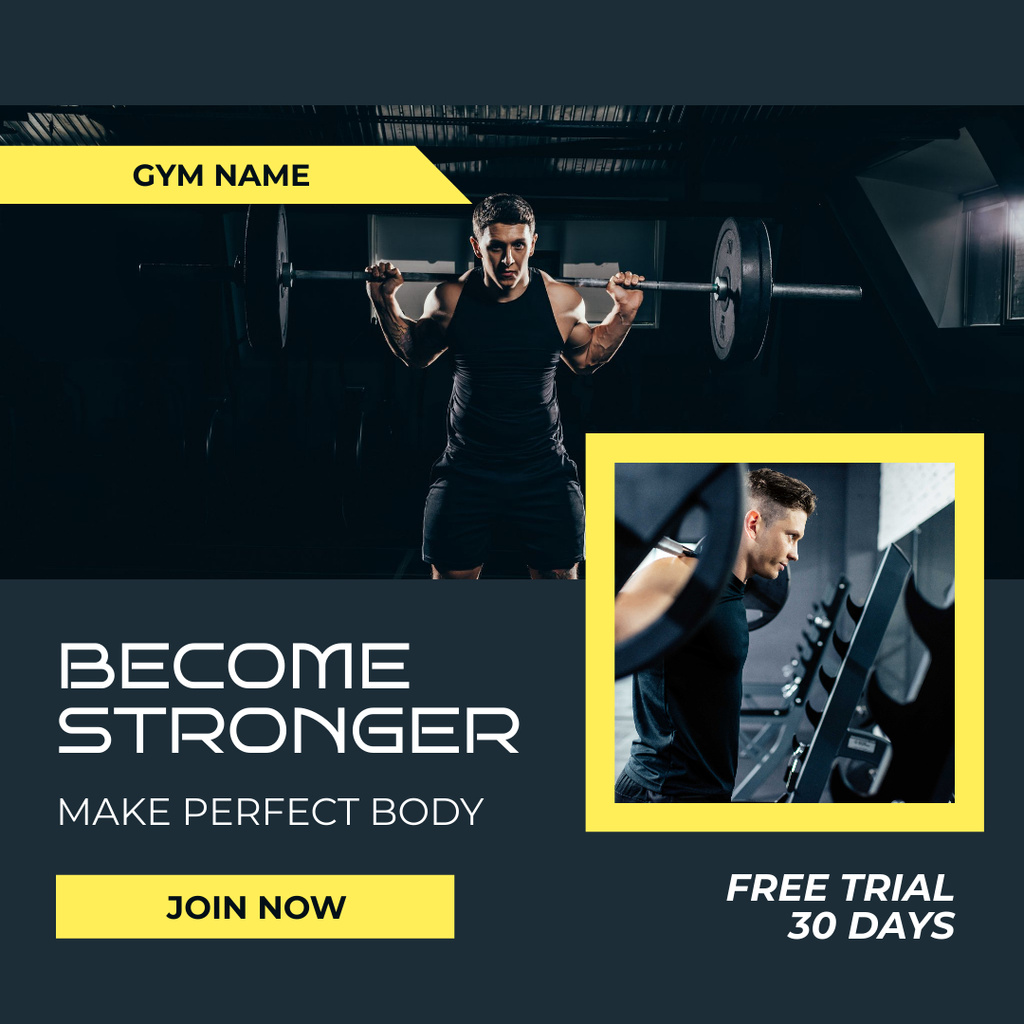 Designvorlage Strong Man doing Workout in Gym für Instagram