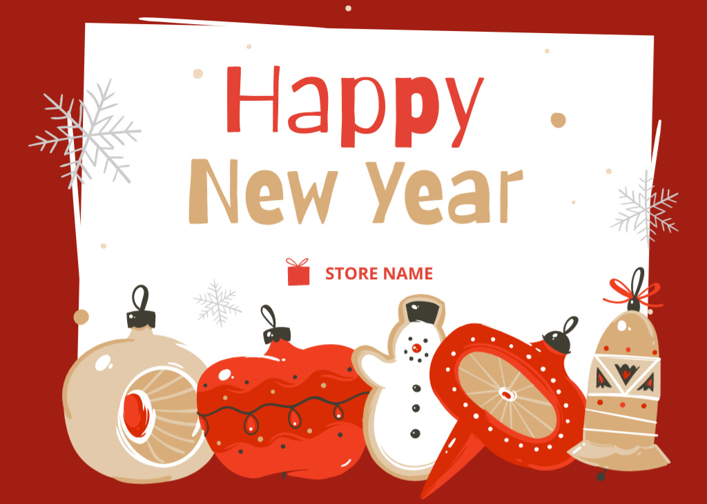 New Year Holiday Greeting with Cute Decorations in Red Frame Postcard 5x7in Modelo de Design