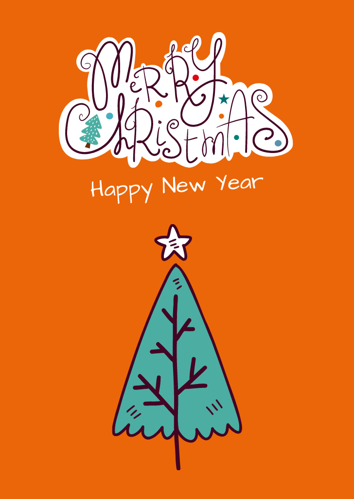Christmas and New Year with Lovely Holiday Tree on Orange Postcard A6 Vertical Design Template