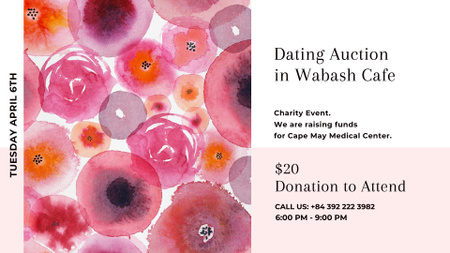 Ontwerpsjabloon van FB event cover van Aankondiging van de datingveiling op roze waterverfbloemen