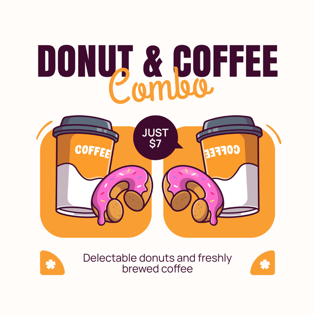 Doughnut Shop Combo Ad with Illustration of Coffee and Donut Instagram Design Template