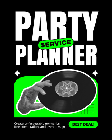 Designvorlage Partyplanungsservice mit Schallplatte für Instagram Post Vertical