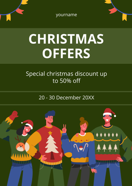 Christmas Offers with Cartoon People Green Flayer Design Template