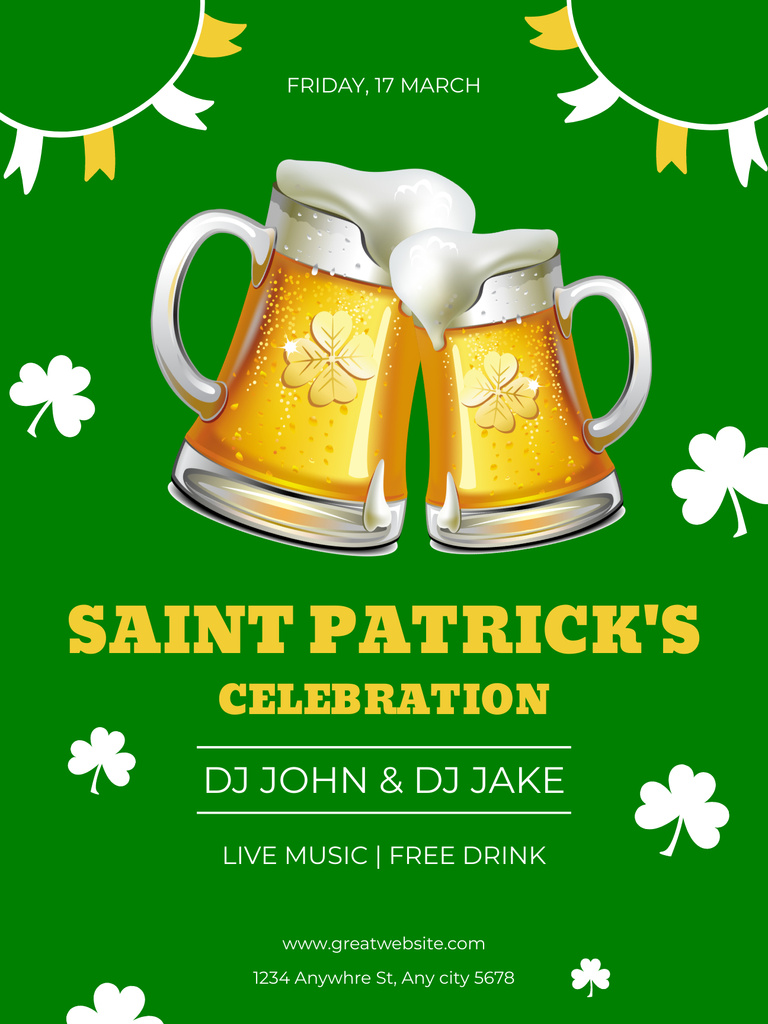 St. Patrick's Day Party with Beer Mugs on Green Poster US – шаблон для дизайна