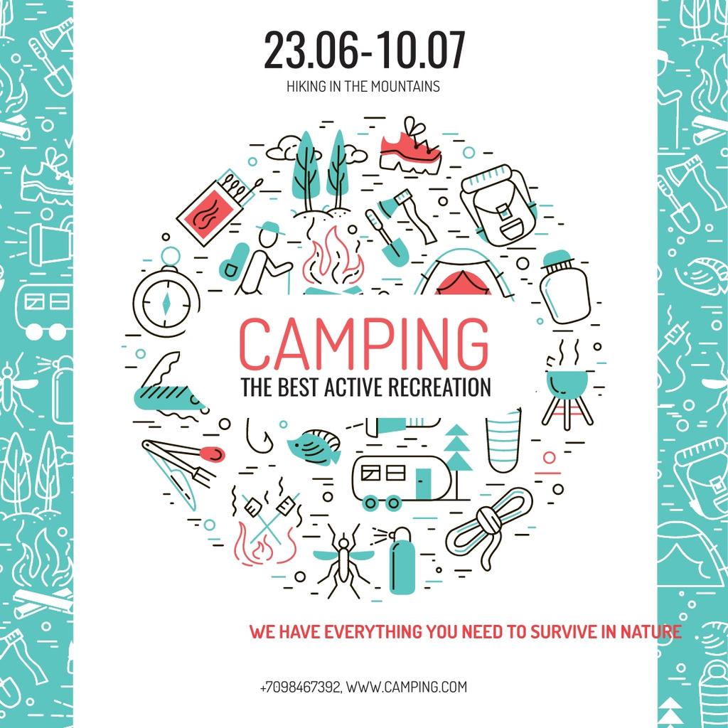 Camping trip offer with Travelling icons Instagram AD – шаблон для дизайна