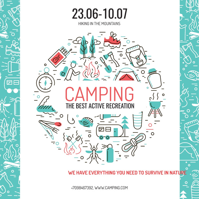 Camping trip offer with Travelling icons Instagram AD Modelo de Design