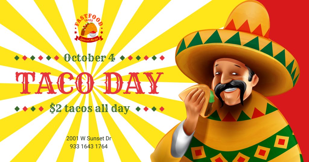 Taco Day Offer Man in Sombrero Eating Taco Facebook AD Tasarım Şablonu
