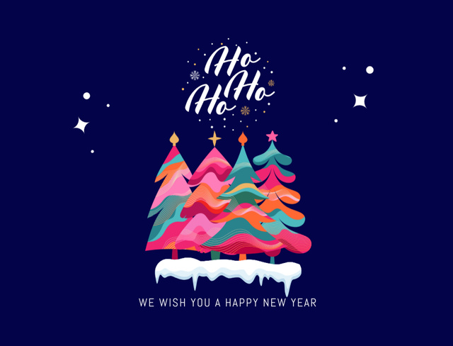 Christmas and New Year Wishes with Colorful Trees Postcard 4.2x5.5in Design Template