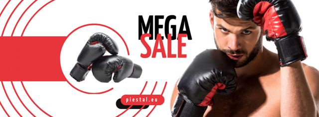 Platilla de diseño Sport Equipment Sale Man in Boxing Gloves Facebook cover
