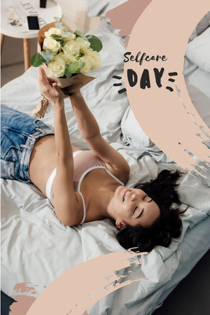 Designvorlage Selfcare Day Inspiration with Woman in Bed für Pinterest