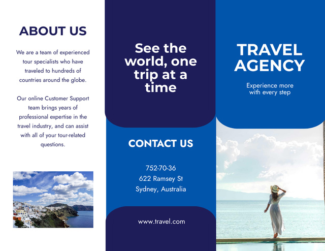 Template di design Travel Agency Service Offer with Woman by Sea Brochure 8.5x11in