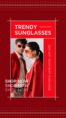 Designvorlage Verkauf einer trendigen Sonnenbrille mit Paar in Rot für Instagram Story